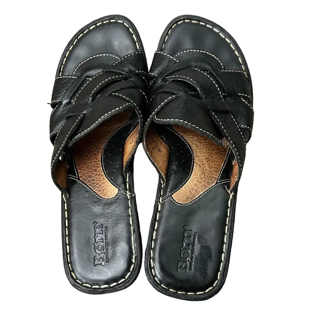 Born Leather Y2K‎ Chuncky Platform Wedges Slip On Strappy Sandals Shoes Black 9
